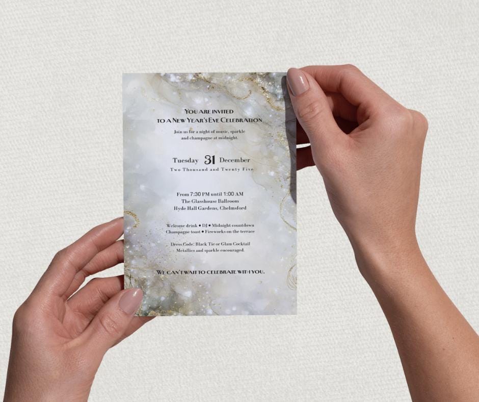 New Years Eve Party Invitation Set. Champagne Gold and Silver Sparkle Effect. Editable Template.
