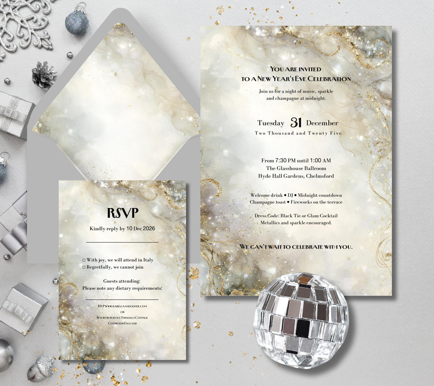 New Years Eve Party Invitation Set. Champagne Gold and Silver Sparkle Effect. Editable Template.