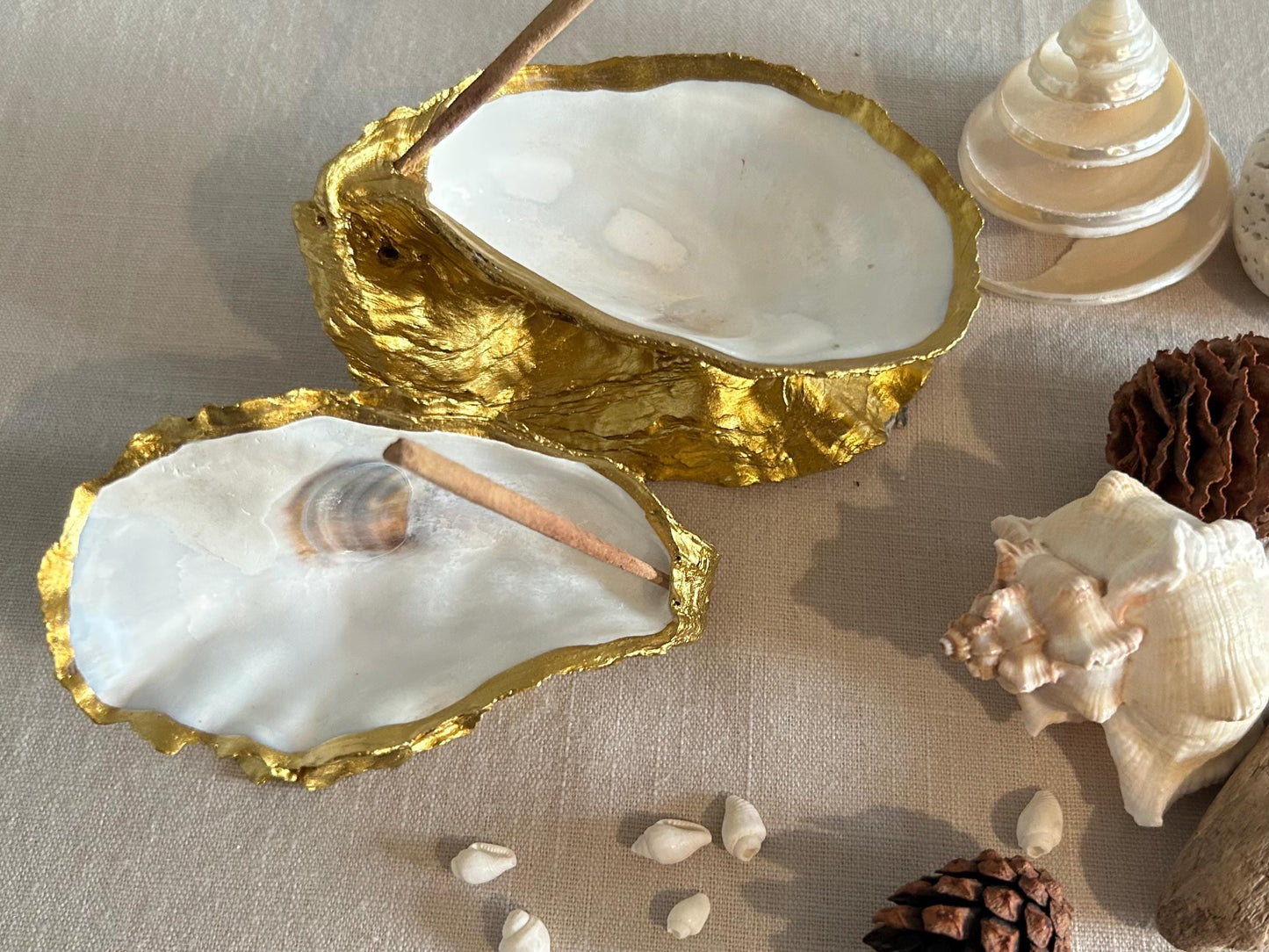 Gold Oyster Shell Incense Burner. Sea Shell Decorative Holder for Home.