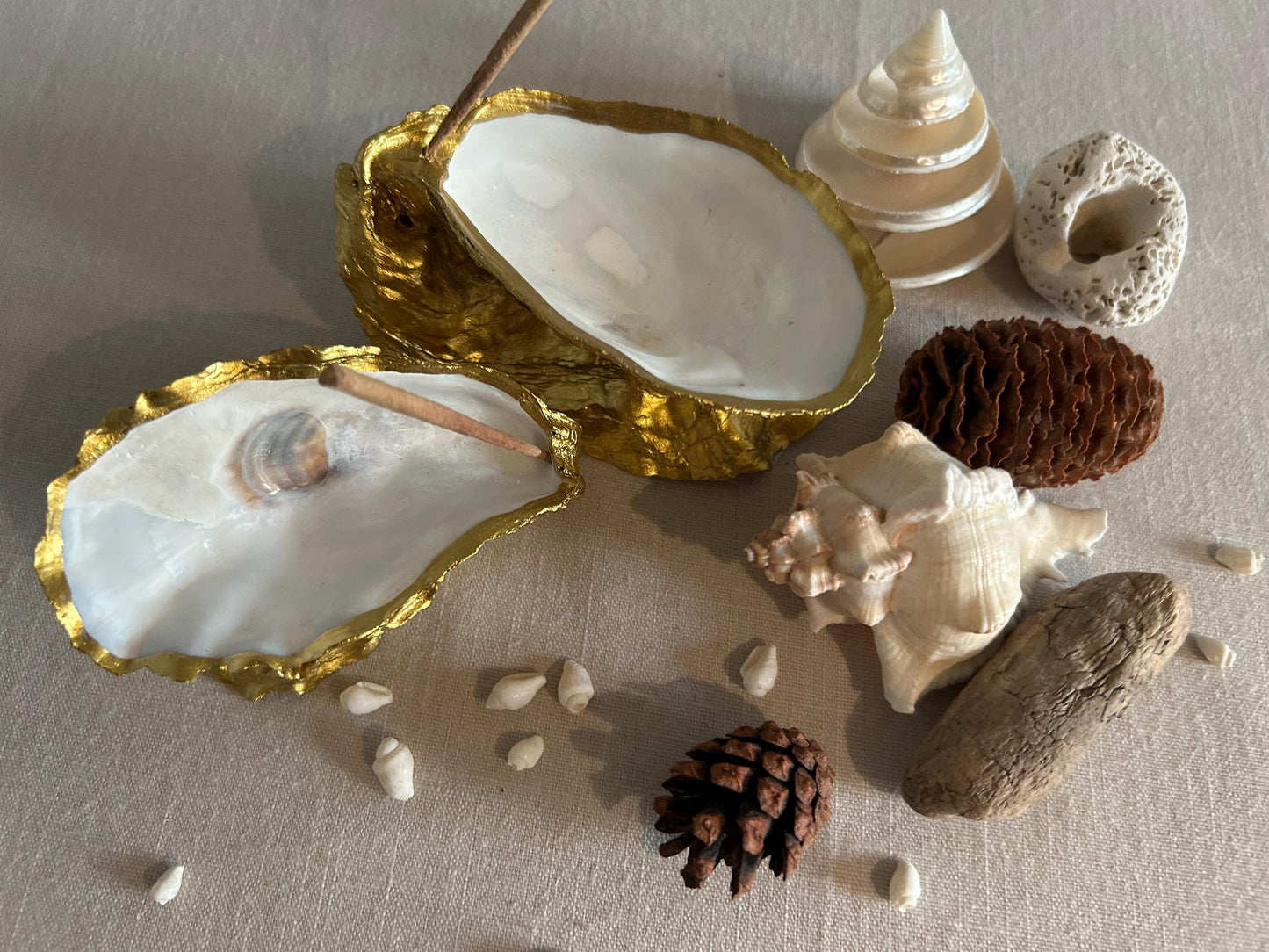 Gold Oyster Shell Incense Burner. Sea Shell Decorative Holder for Home.