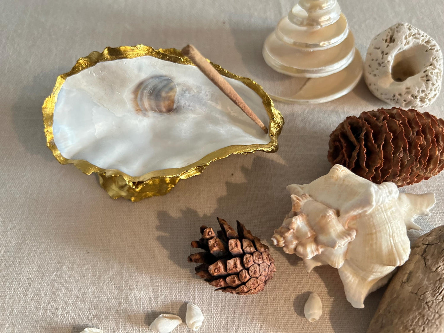 Gold Oyster Shell Incense Burner. Sea Shell Decorative Holder for Home.