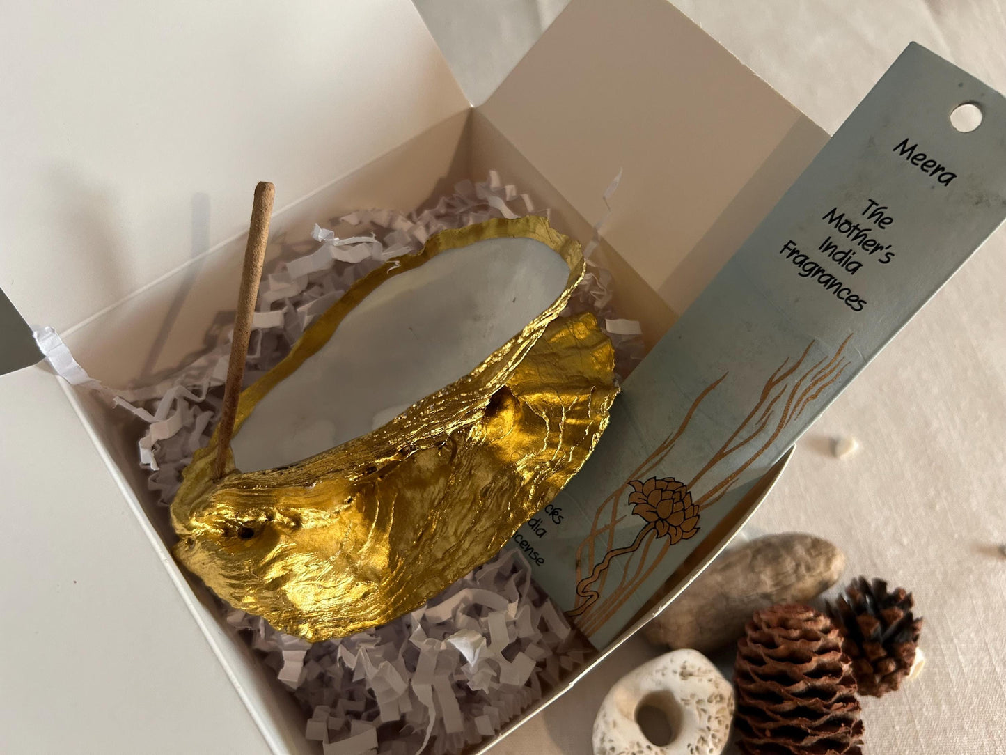 Gold Oyster Shell Incense Burner. Sea Shell Decorative Holder for Home.