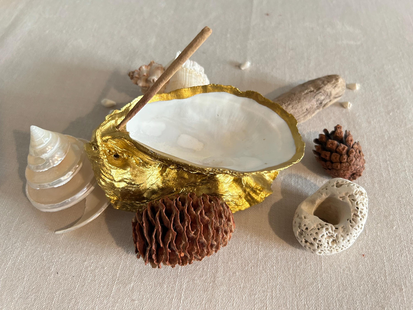 Gold Oyster Shell Incense Burner. Sea Shell Decorative Holder for Home.