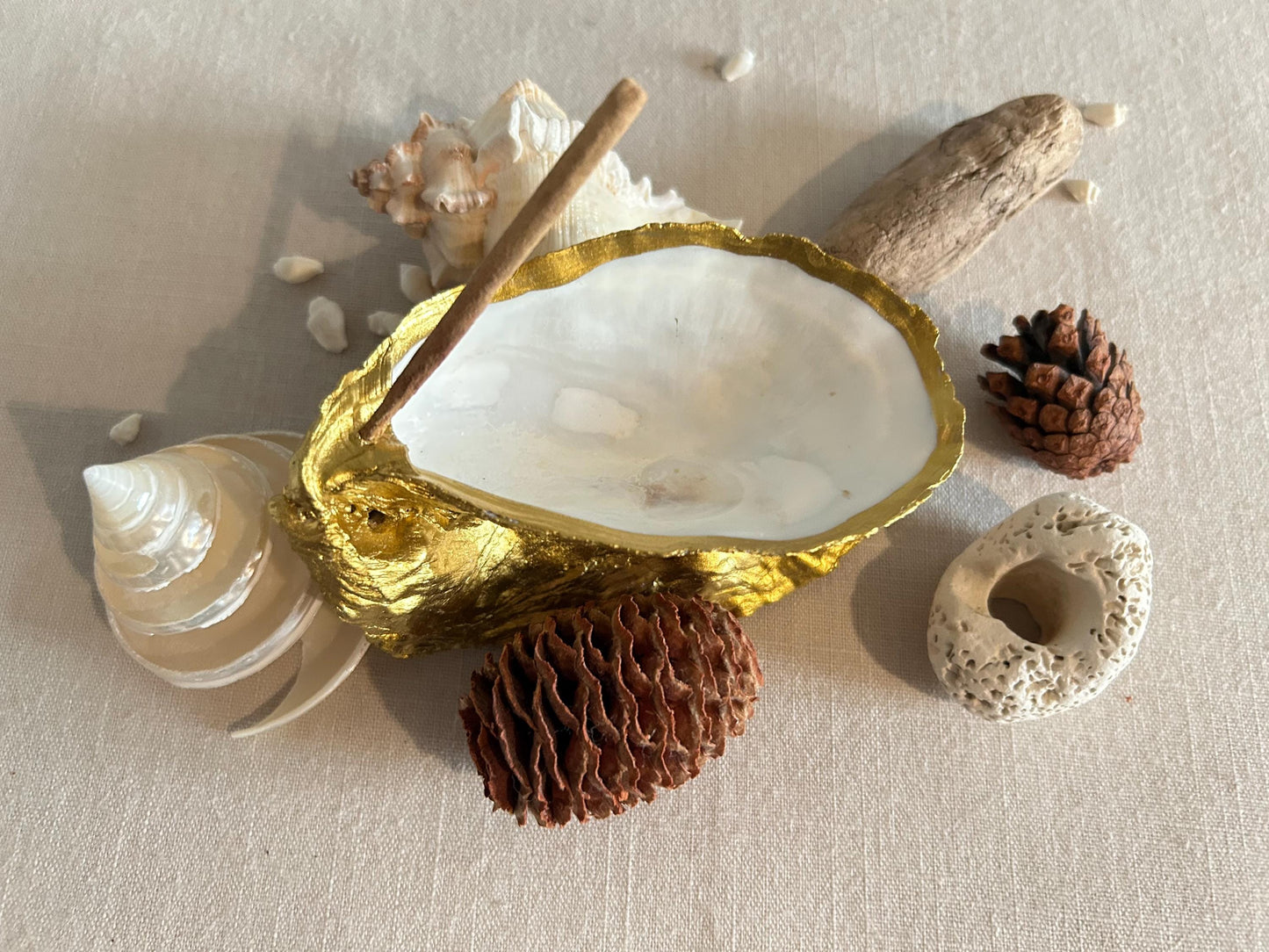 Gold Oyster Shell Incense Burner. Sea Shell Decorative Holder for Home.