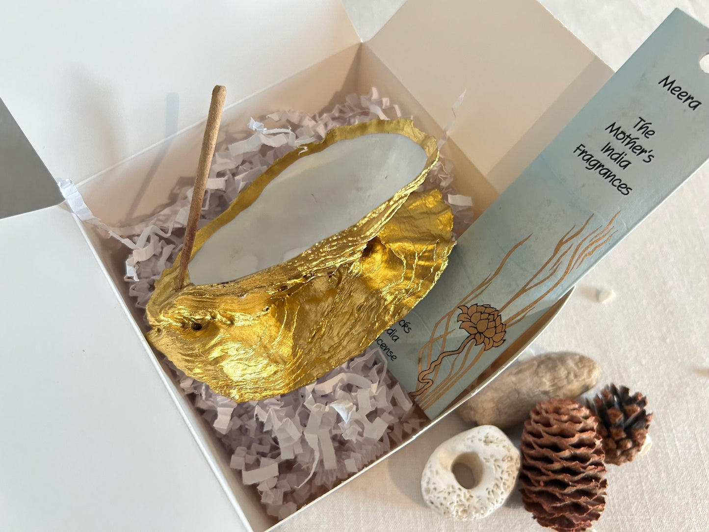 Gold Oyster Shell Incense Burner. Sea Shell Decorative Holder for Home.