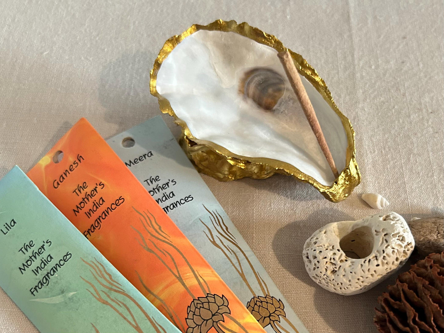 Gold Oyster Shell Incense Burner. Sea Shell Decorative Holder for Home.