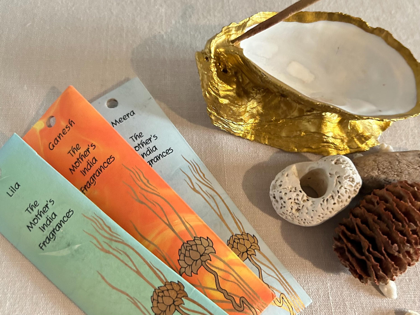 Gold Oyster Shell Incense Burner. Sea Shell Decorative Holder for Home.