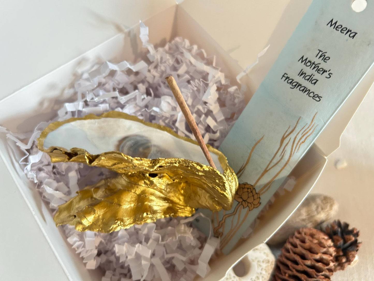 Gold Oyster Shell Incense Burner. Sea Shell Decorative Holder for Home.