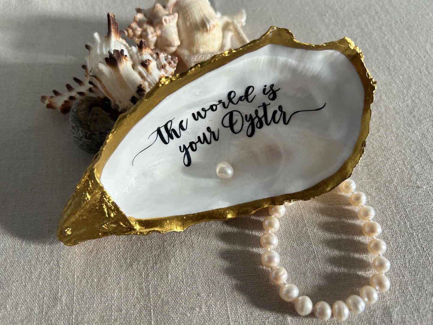 The World is your Oyster Gold Shell. Trinket Dish with Freshwater Pearl. Graduation Gift.