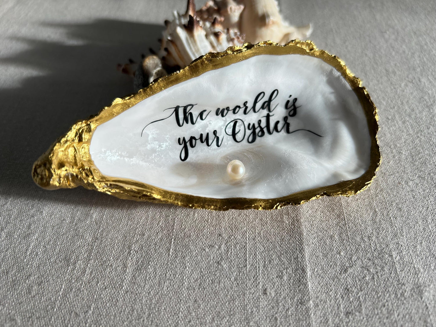 The World is your Oyster Gold Shell. Trinket Dish with Freshwater Pearl. Graduation Gift.