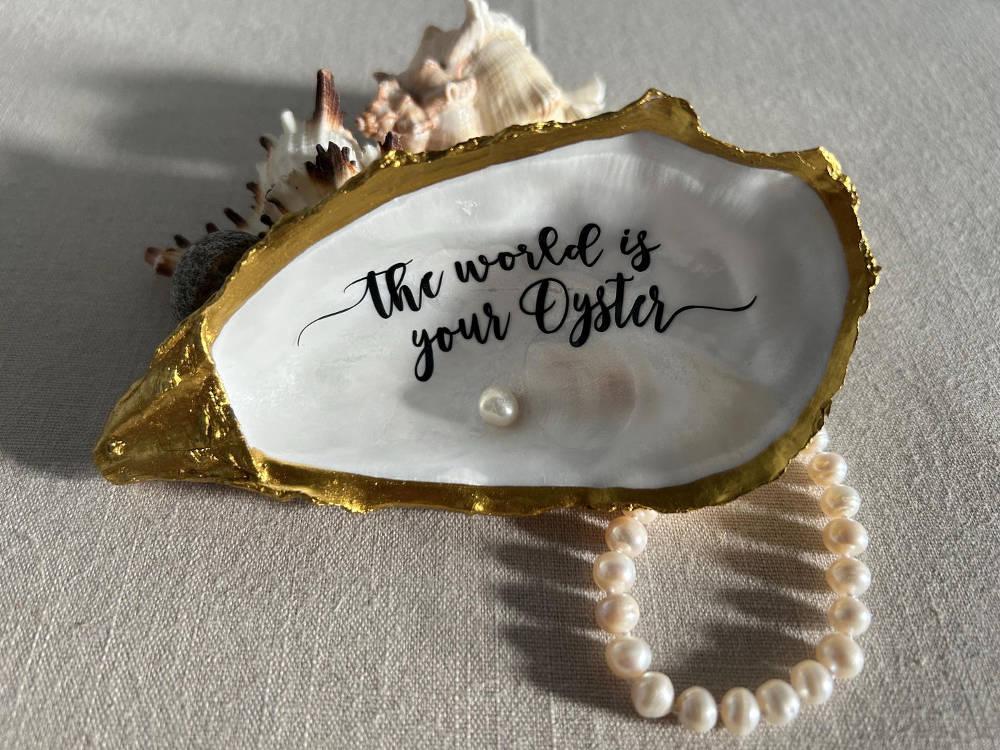 The World is your Oyster Gold Shell. Trinket Dish with Freshwater Pearl. Graduation Gift.