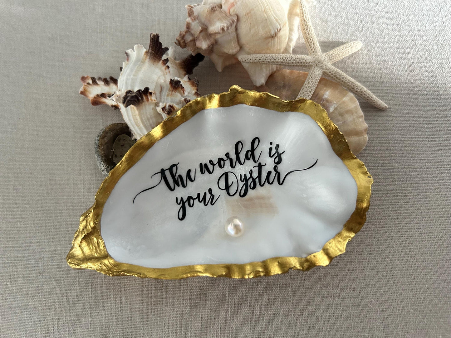 The World is your Oyster Gold Shell. Trinket Dish with Freshwater Pearl. Graduation Gift.