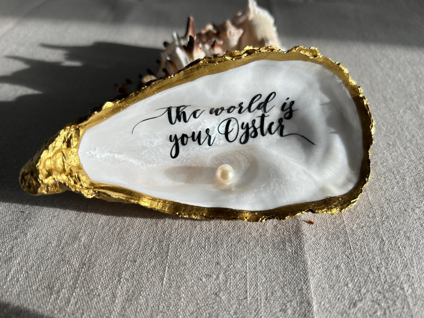 The World is your Oyster Gold Shell. Trinket Dish with Freshwater Pearl. Graduation Gift.