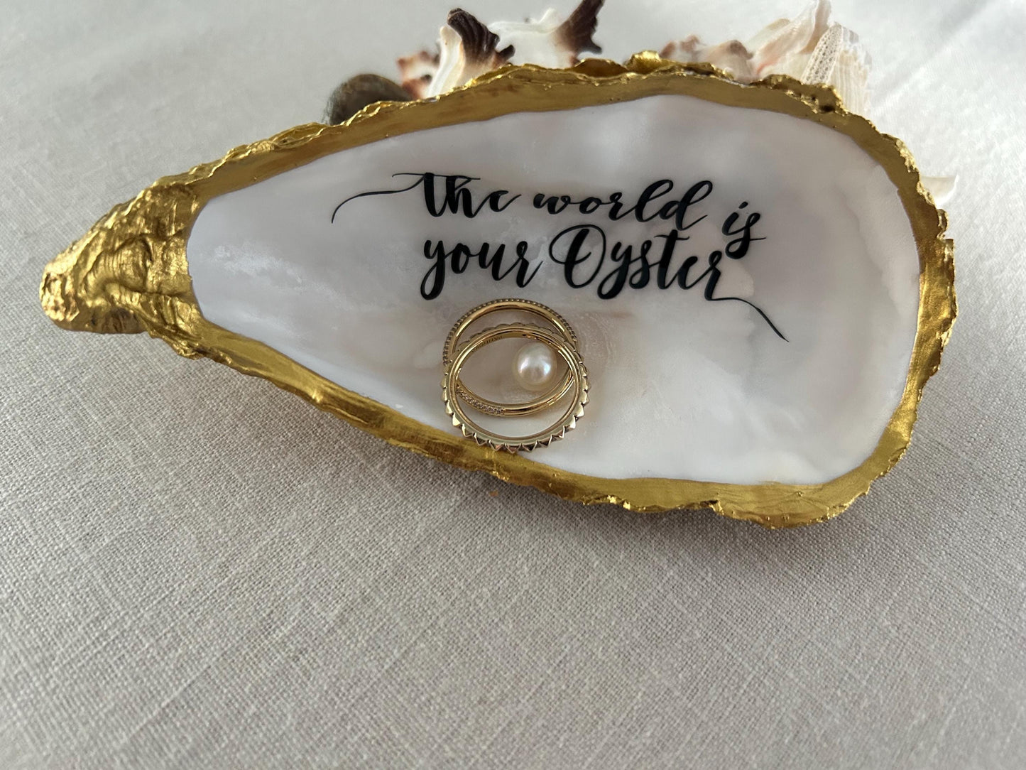 The World is your Oyster Gold Shell. Trinket Dish with Freshwater Pearl. Graduation Gift.