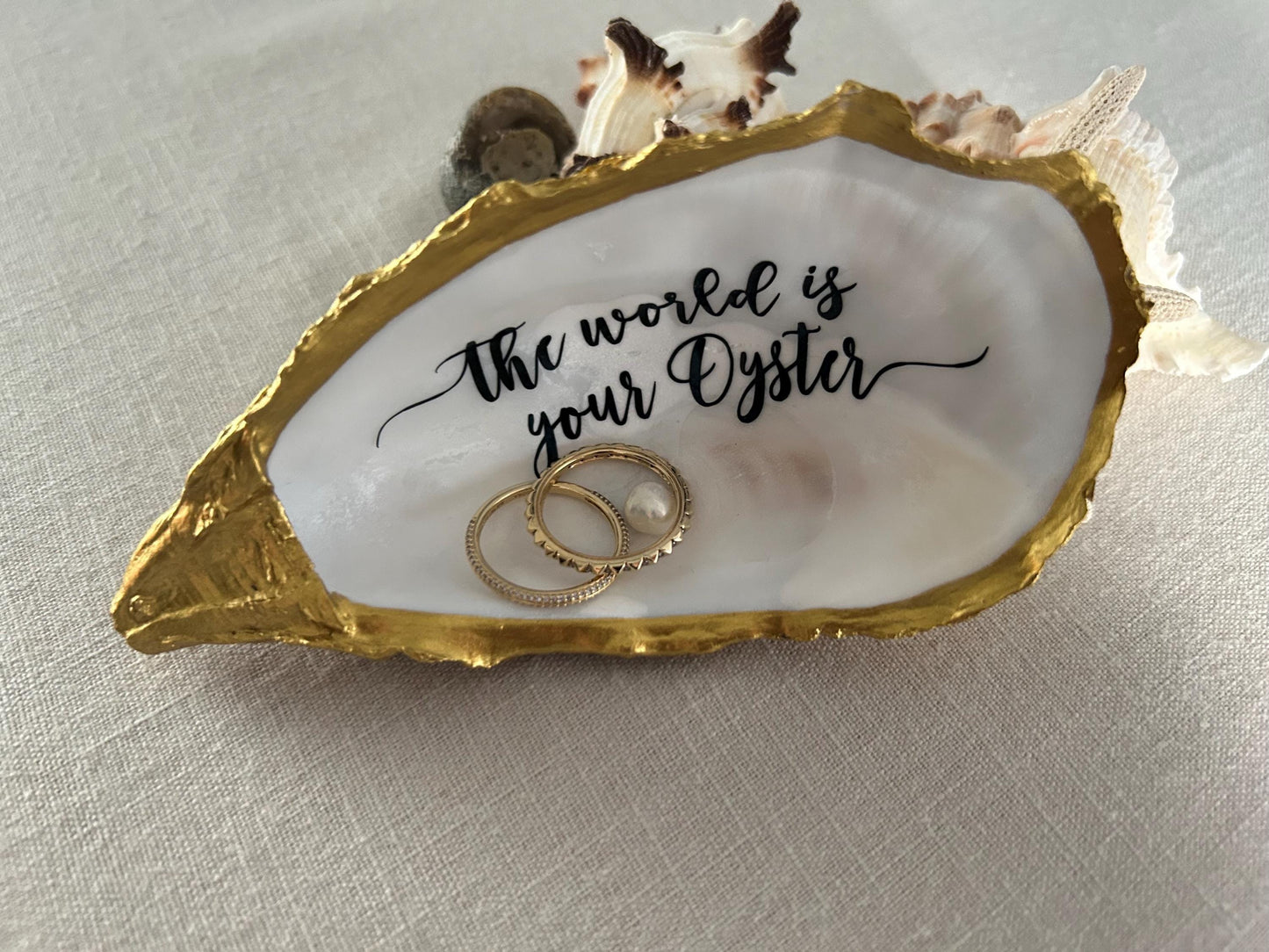 The World is your Oyster Gold Shell. Trinket Dish with Freshwater Pearl. Graduation Gift.