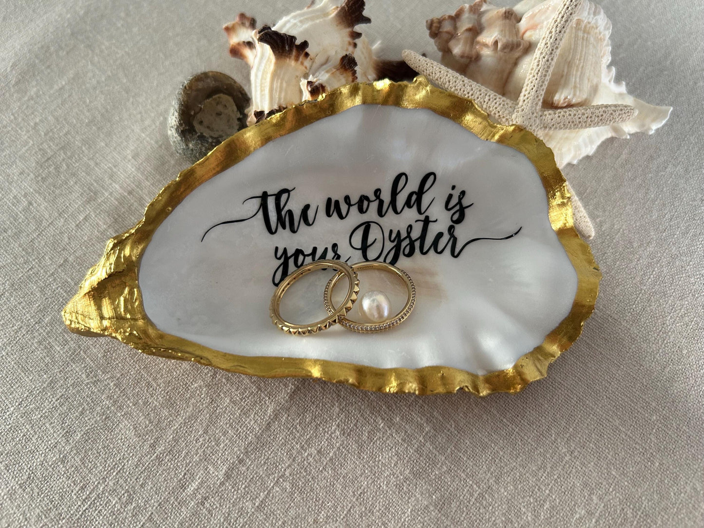 The World is your Oyster Gold Shell. Trinket Dish with Freshwater Pearl. Graduation Gift.