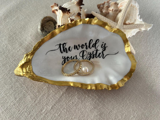 The World is your Oyster Gold Shell. Trinket Dish with Freshwater Pearl. Graduation Gift.