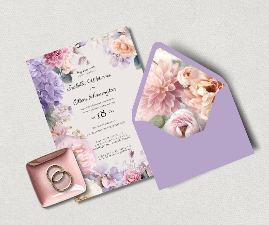 Pink and Lilac Summer Wedding Invitation Suite. Editable Floral Wedding Stationery. Pastel Canva Template.