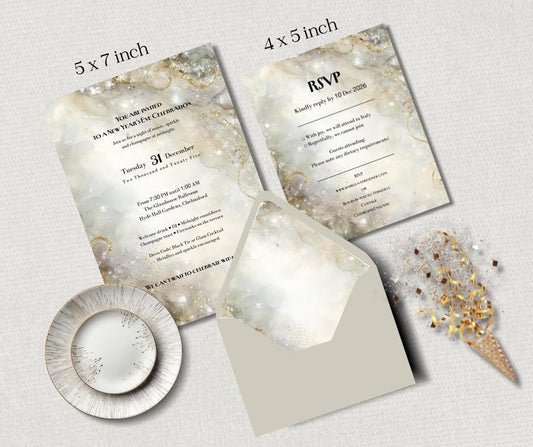New Years Eve Party Invitation Set. Champagne Gold and Silver Sparkle Effect. Editable Template.