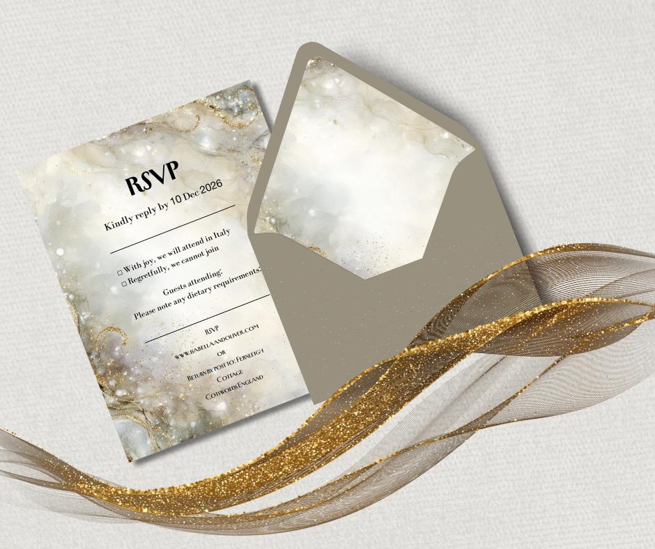 New Years Eve Party Invitation Set. Champagne Gold and Silver Sparkle Effect. Editable Template.