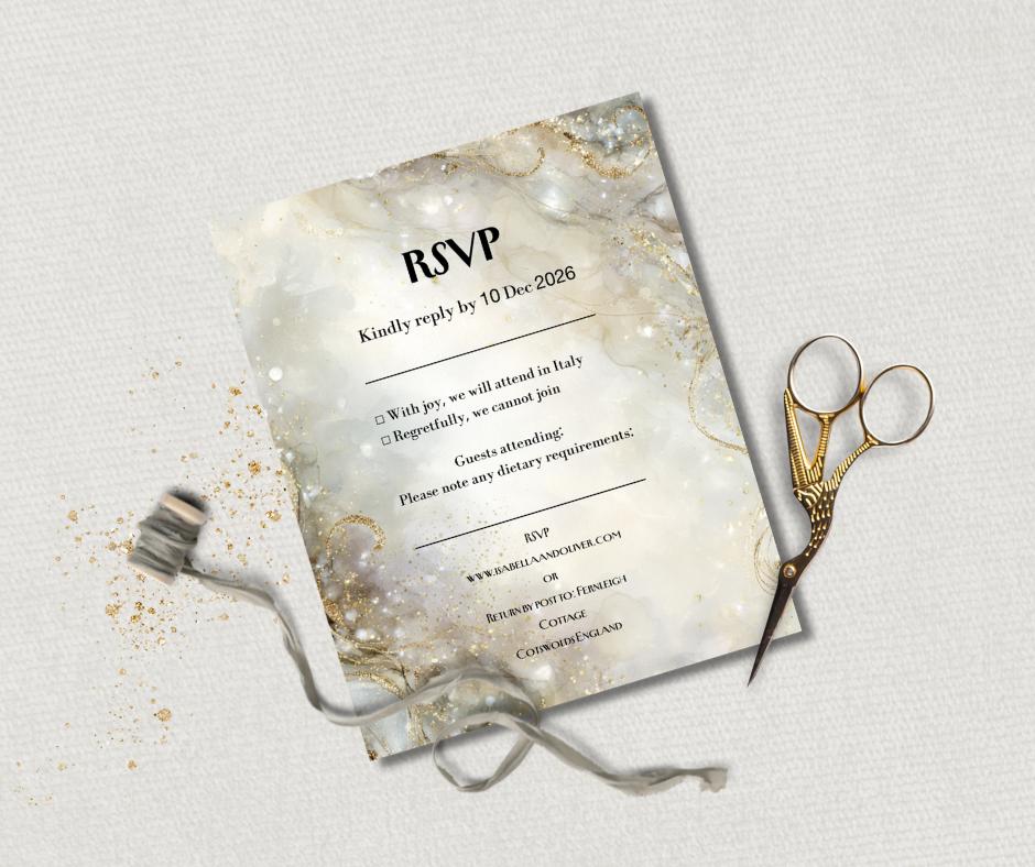 New Years Eve Party Invitation Set. Champagne Gold and Silver Sparkle Effect. Editable Template.