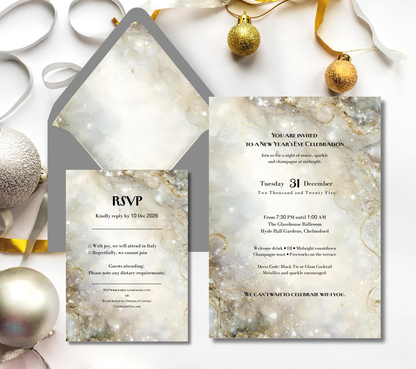 New Years Eve Party Invitation Set. Champagne Gold and Silver Sparkle Effect. Editable Template.
