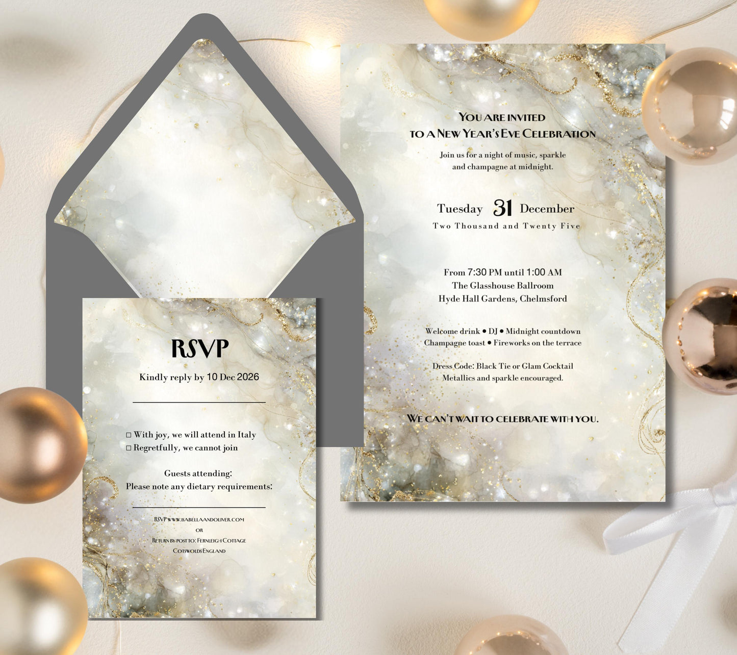 New Years Eve Party Invitation Set. Champagne Gold and Silver Sparkle Effect. Editable Template.