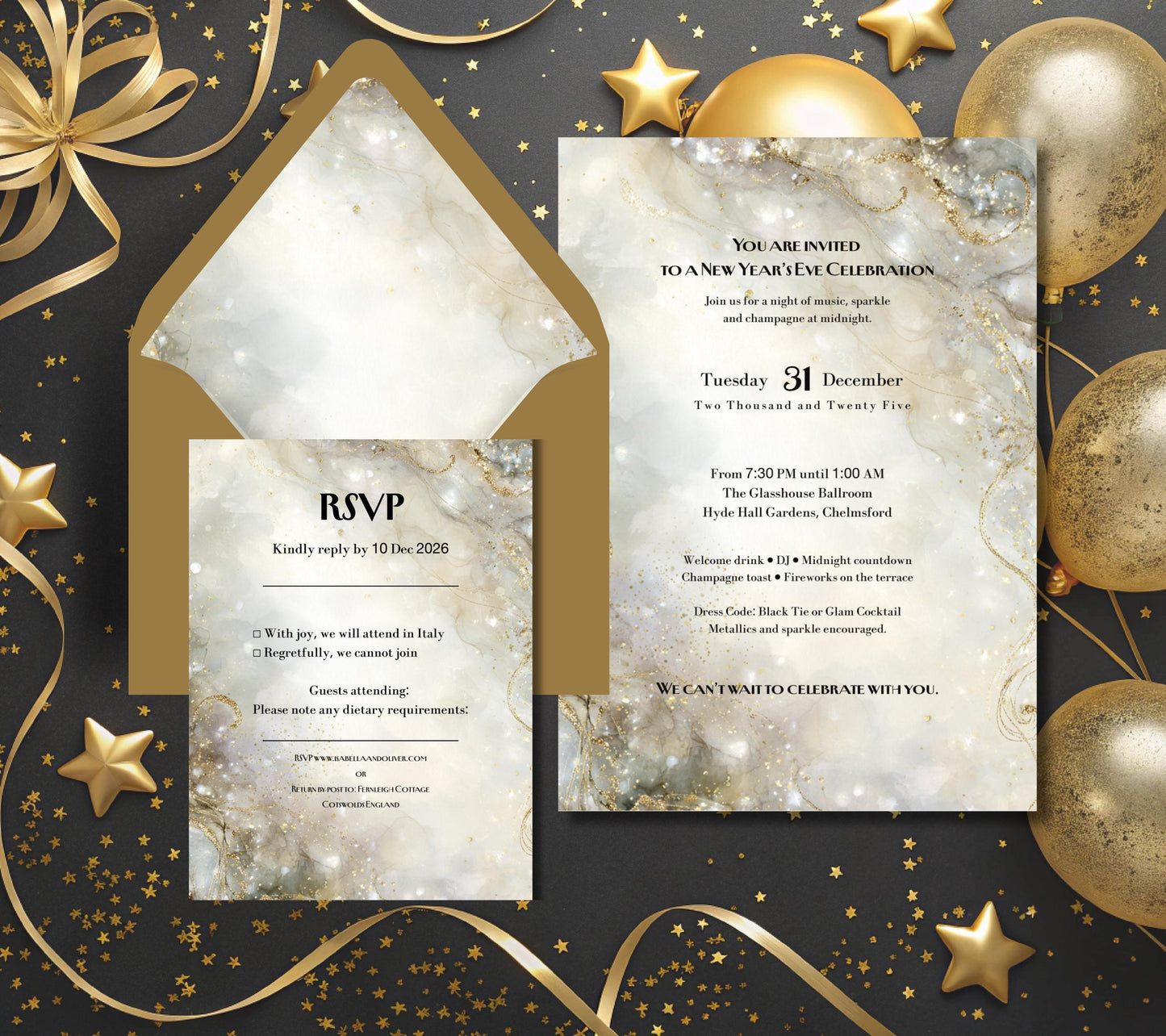 New Years Eve Party Invitation Set. Champagne Gold and Silver Sparkle Effect. Editable Template.