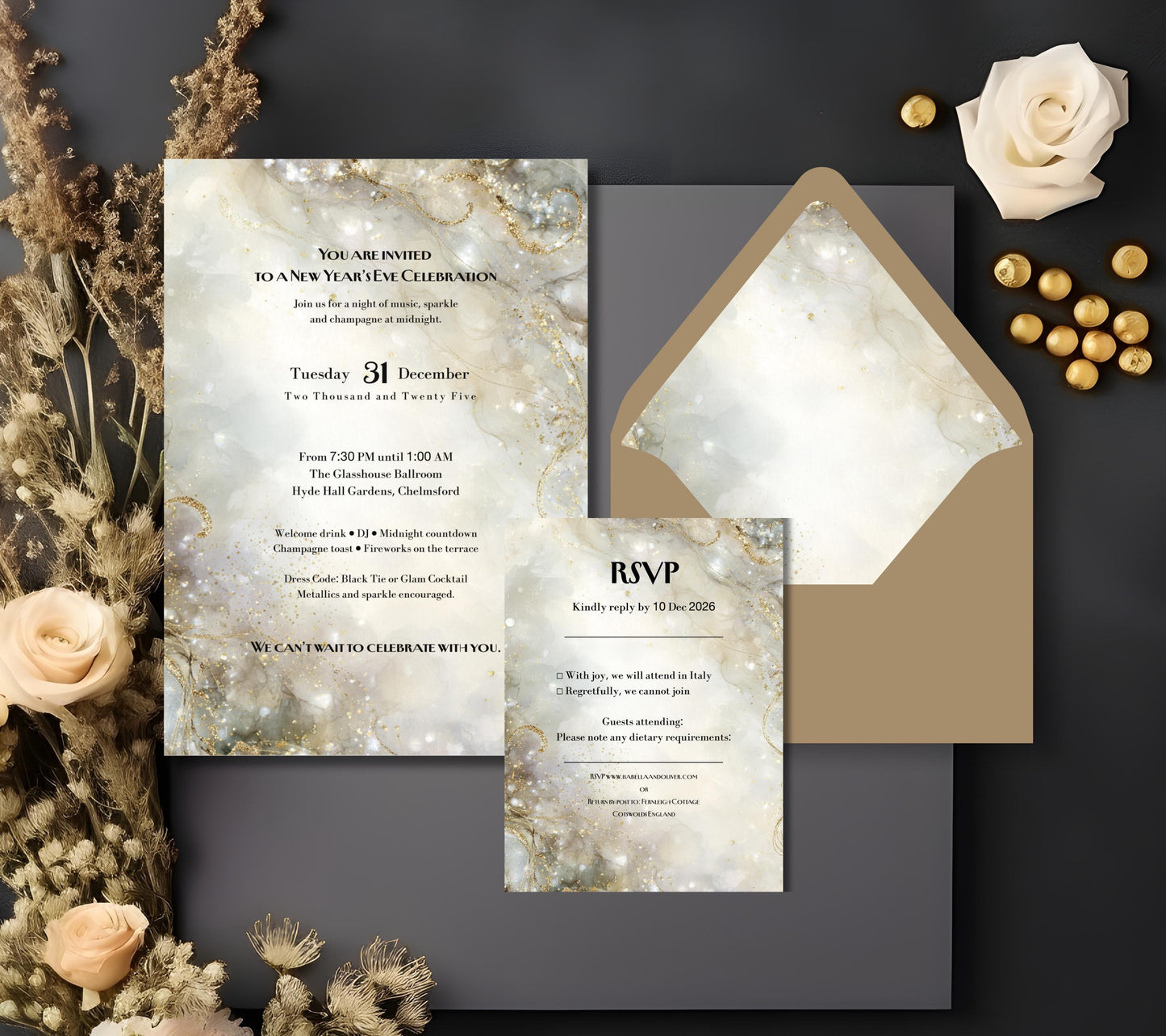 New Years Eve Party Invitation Set. Champagne Gold and Silver Sparkle Effect. Editable Template.