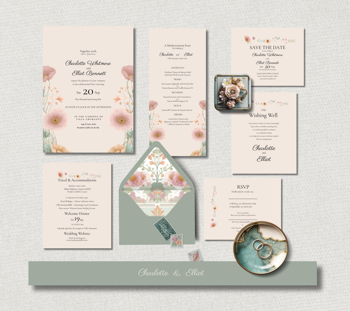 Peach and Sage Floral Wedding Invitation Suite. Editable Modern Botanical Bundle Template.