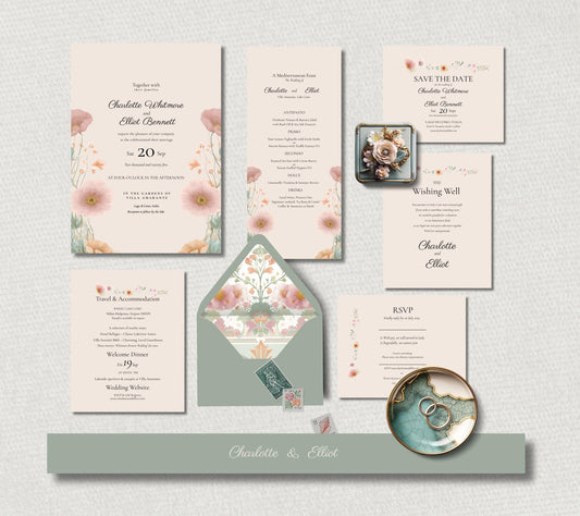 Peach and Sage Floral Wedding Invitation Suite. Editable Modern Botanical Bundle Template.