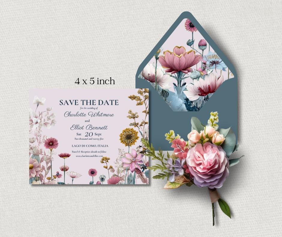 Wildflower Pink and Teal Garden Wedding Invitation Suite. Floral Stationery Set. Editable Download.