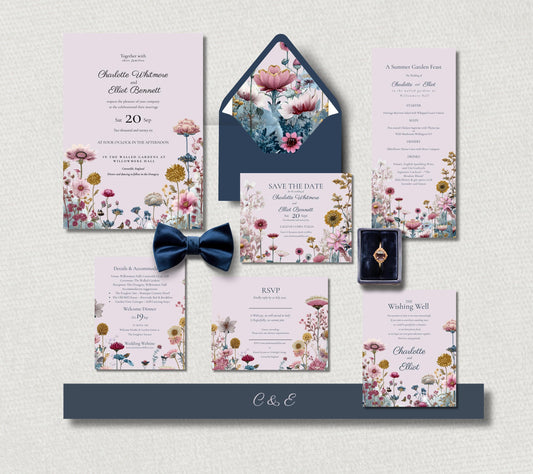 Wildflower Pink and Teal Garden Wedding Invitation Suite. Floral Stationery Set. Editable Download.