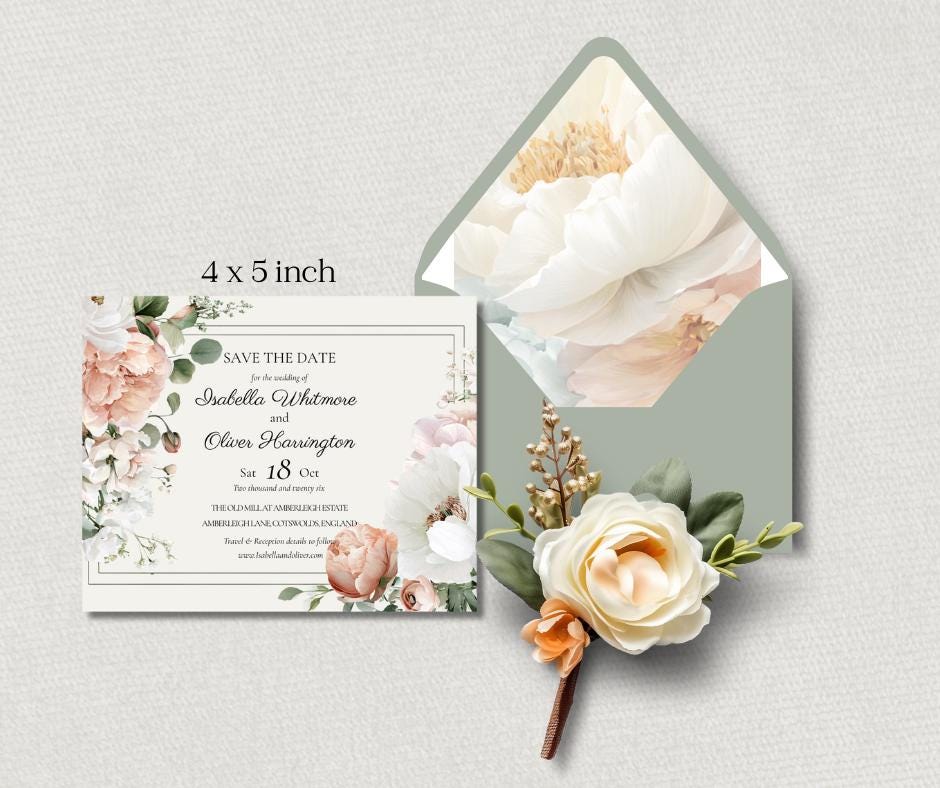 Peach and White Flower Wedding Invitation Suite. Romantic Peaches and Cream Floral Printable Set.