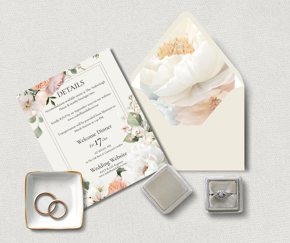 Peach and White Flower Wedding Invitation Suite. Romantic Peaches and Cream Floral Printable Set.