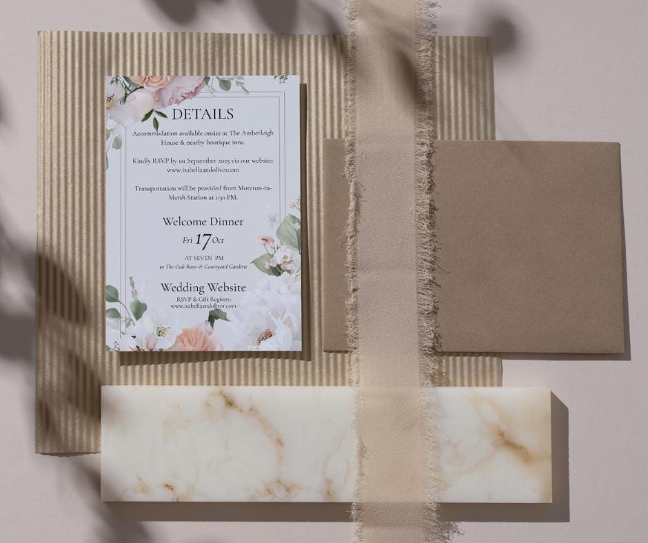 Peach and White Flower Wedding Invitation Suite. Romantic Peaches and Cream Floral Printable Set.