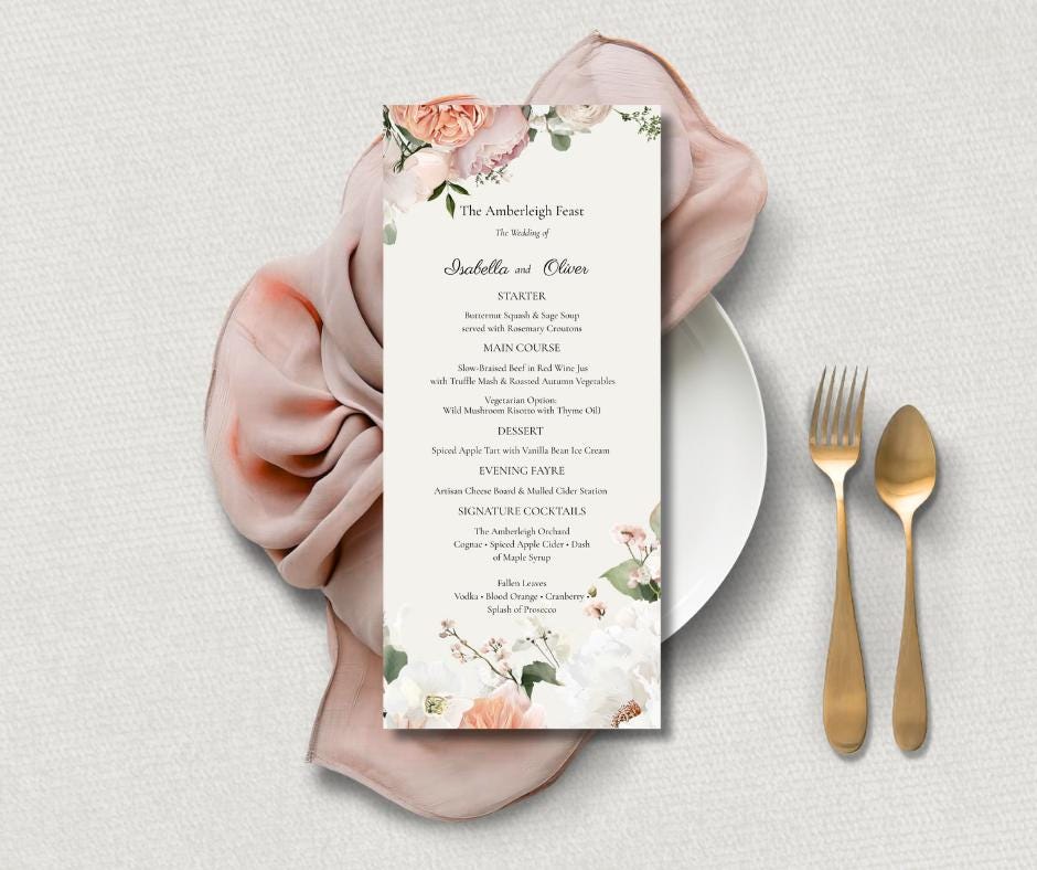 Peach and White Flower Wedding Invitation Suite. Romantic Peaches and Cream Floral Printable Set.