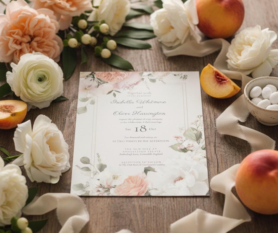 Peach and White Flower Wedding Invitation Suite. Romantic Peaches and Cream Floral Printable Set.