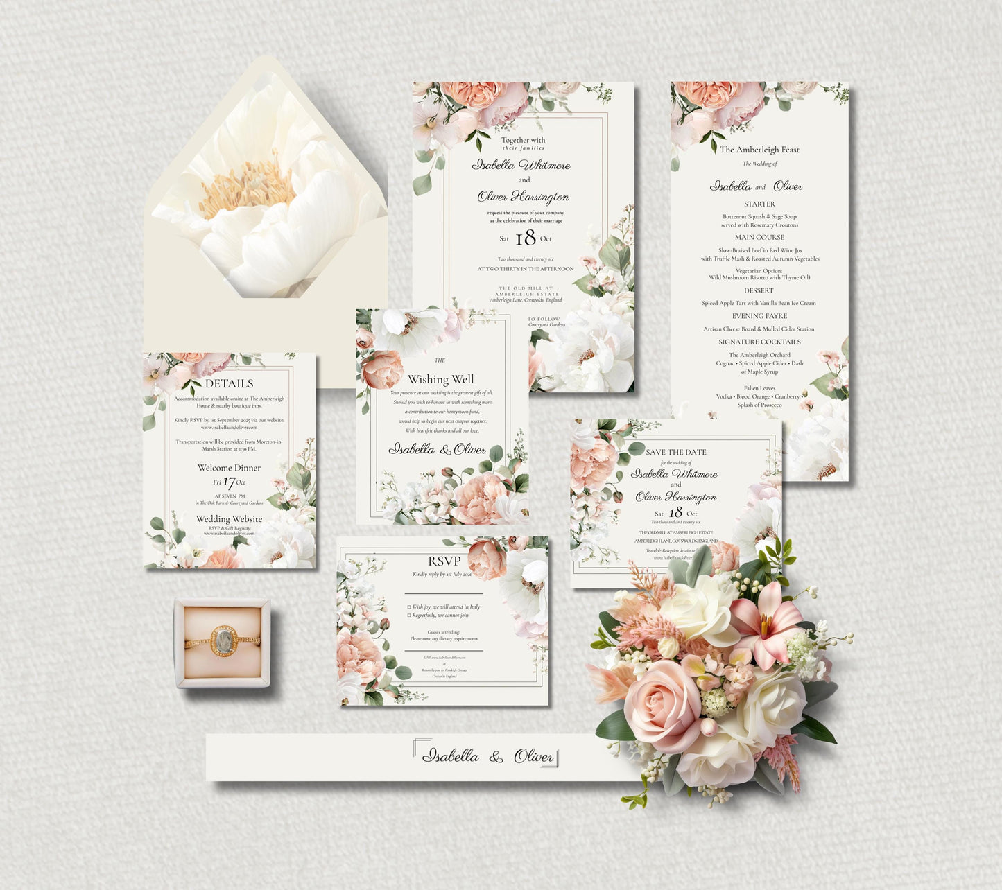 Peach and White Flower Wedding Invitation Suite. Romantic Peaches and Cream Floral Printable Set.