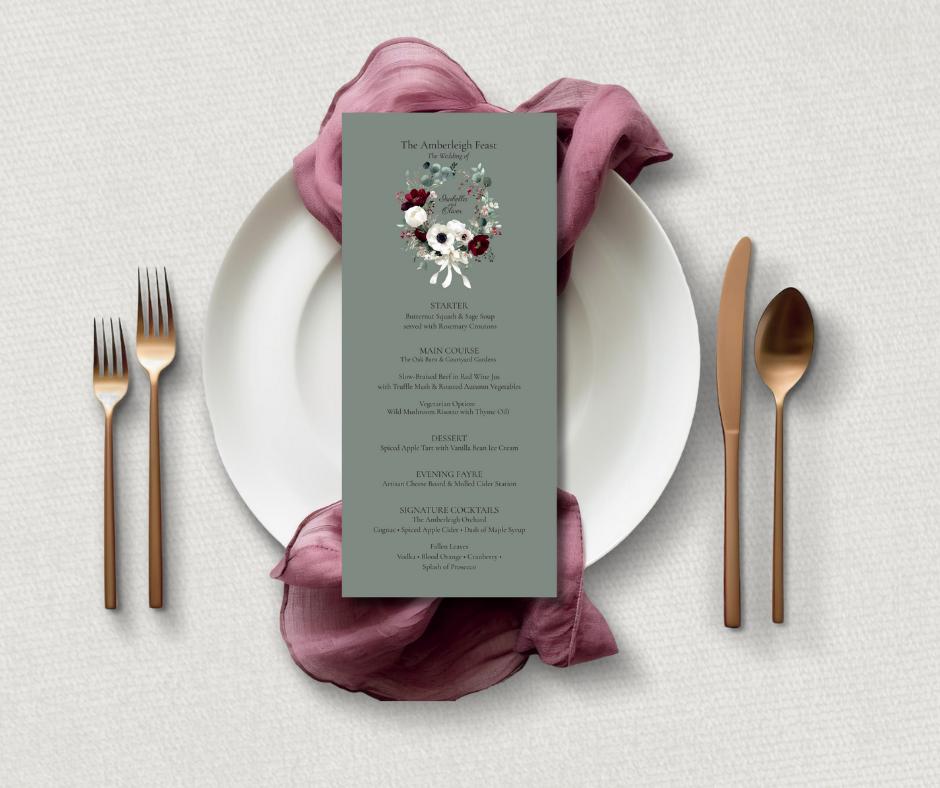 Burgundy Winter Wedding Invitation Suite. Floral Wedding Stationary Set. Editable Digital Download.