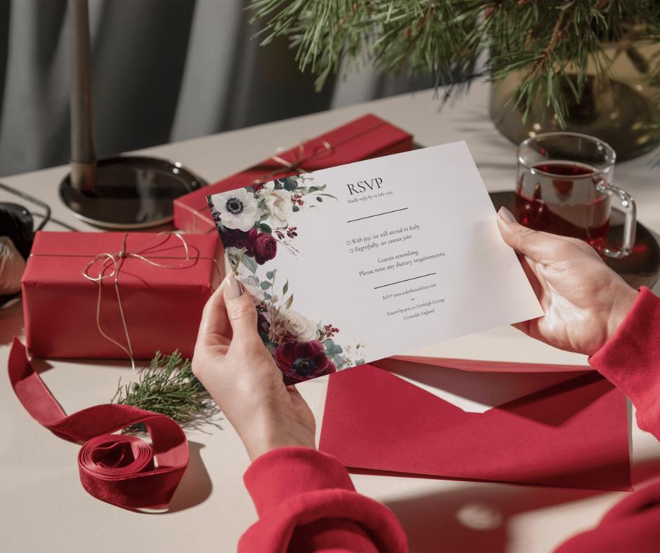 Burgundy Winter Wedding Invitation Suite. Floral Wedding Stationary Set. Editable Digital Download.