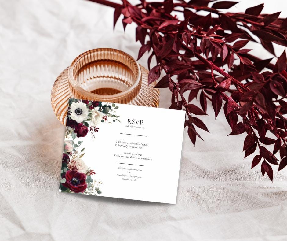 Burgundy Winter Wedding Invitation Suite. Floral Wedding Stationary Set. Editable Digital Download.