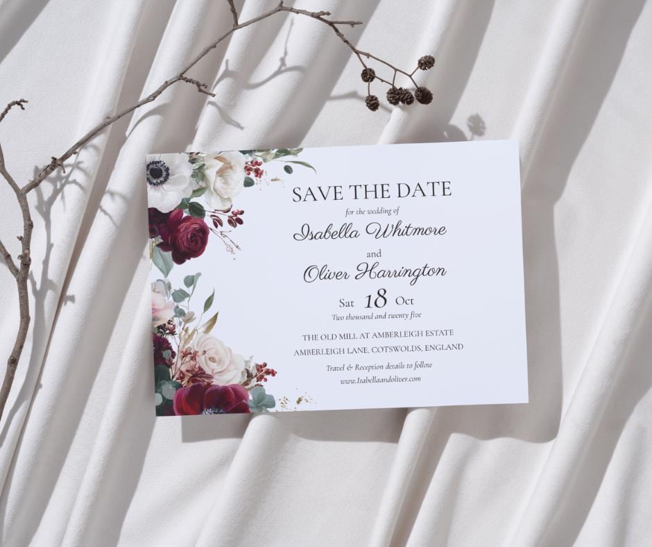 Burgundy Winter Wedding Invitation Suite. Floral Wedding Stationary Set. Editable Digital Download.