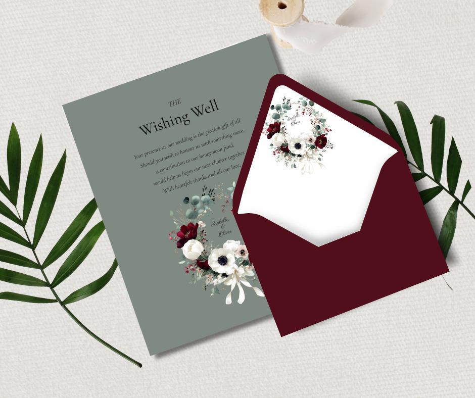 Burgundy Winter Wedding Invitation Suite. Floral Wedding Stationary Set. Editable Digital Download.