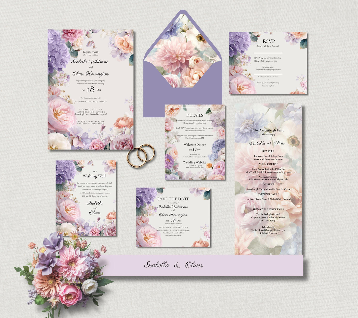 Pink and Lilac Summer Wedding Invitation Suite. Editable Floral Wedding Stationery. Pastel Canva Template.