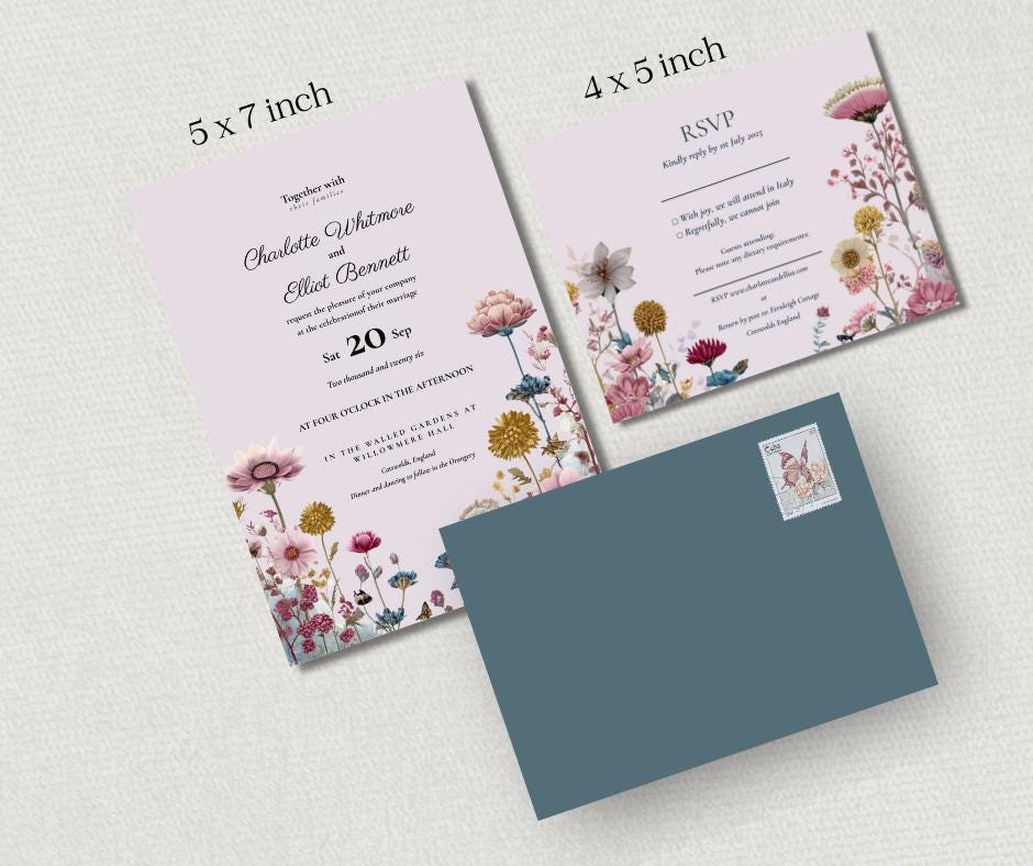 Wildflower Pink and Teal Garden Wedding Invitation Suite. Floral Stationery Set. Editable Download.