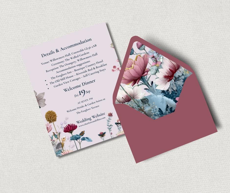 Wildflower Pink and Teal Garden Wedding Invitation Suite. Floral Stationery Set. Editable Download.