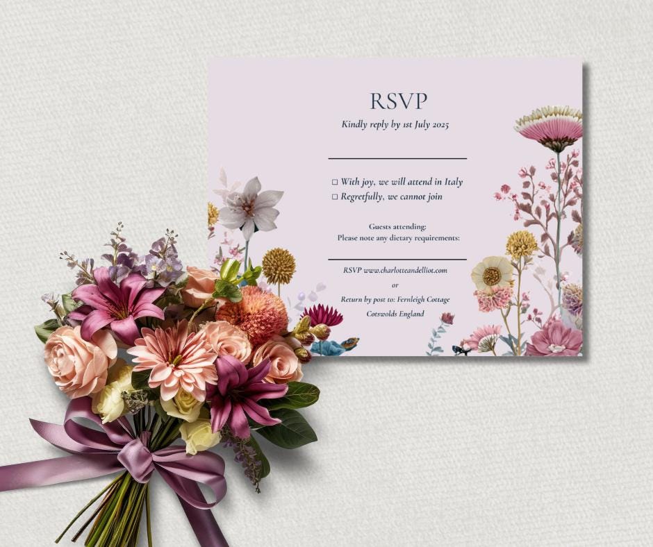 Wildflower Pink and Teal Garden Wedding Invitation Suite. Floral Stationery Set. Editable Download.