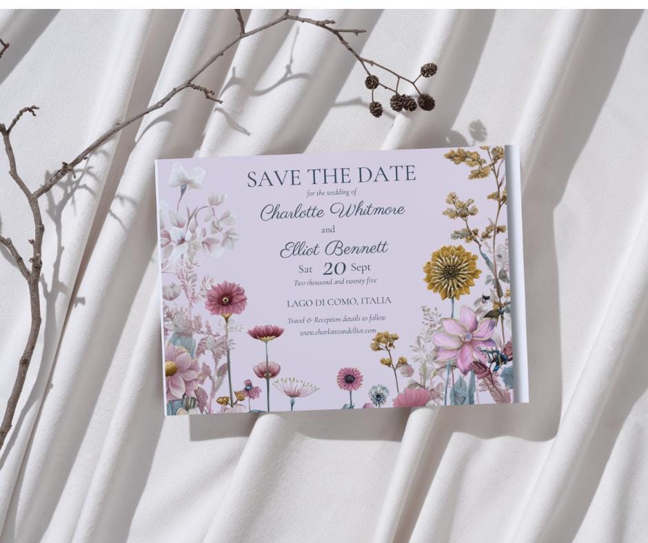 Wildflower Pink and Teal Garden Wedding Invitation Suite. Floral Stationery Set. Editable Download.