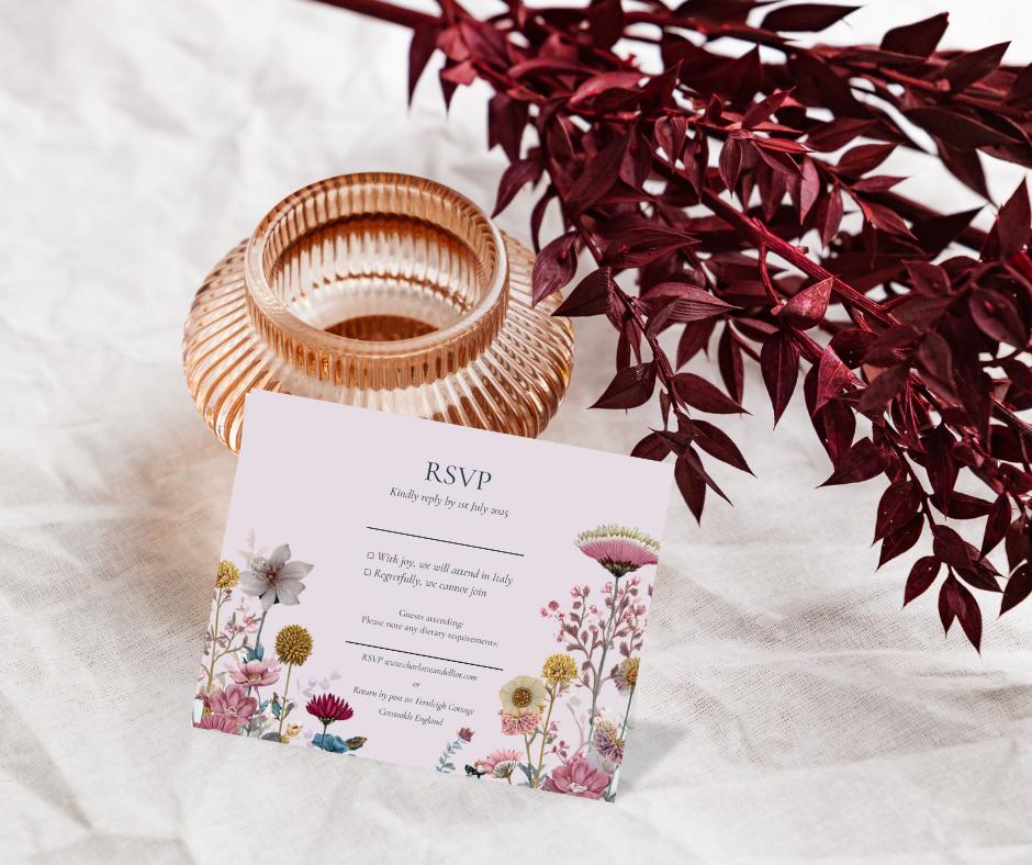 Wildflower Pink and Teal Garden Wedding Invitation Suite. Floral Stationery Set. Editable Download.